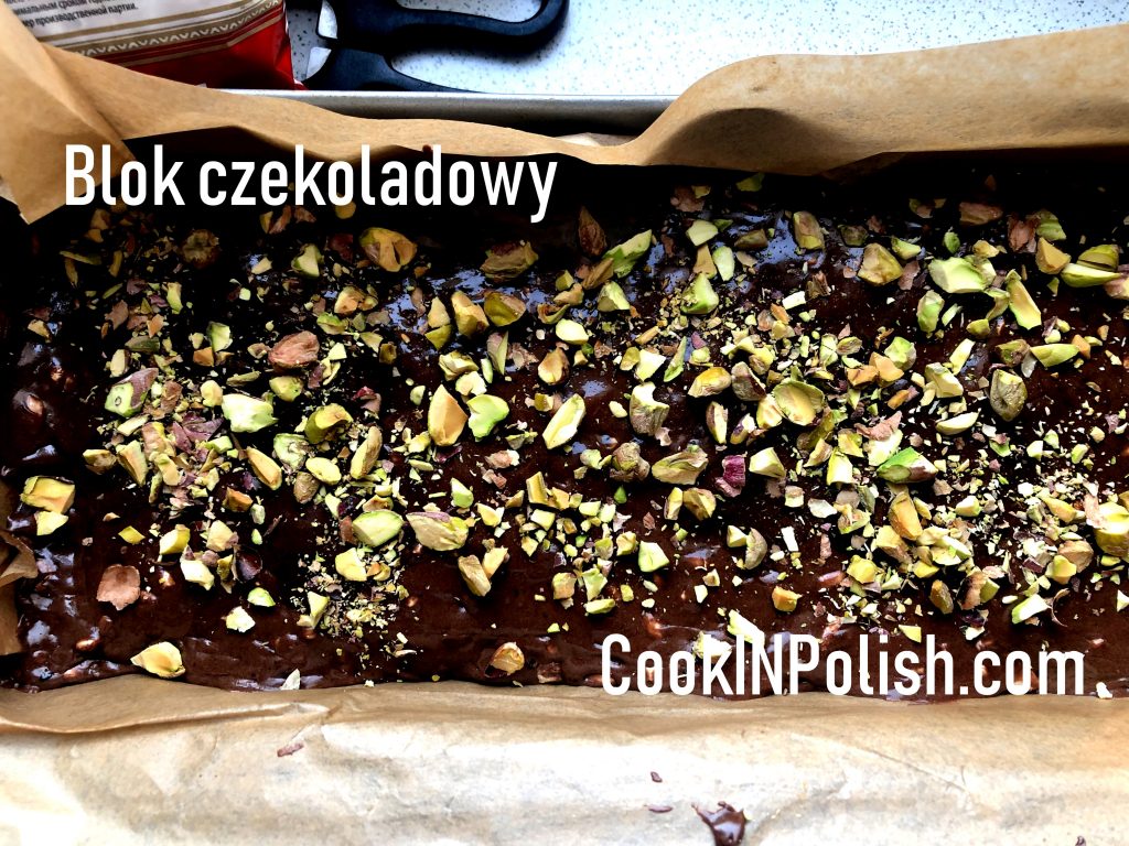 Polish chocolate bar with pistachio in a mold.