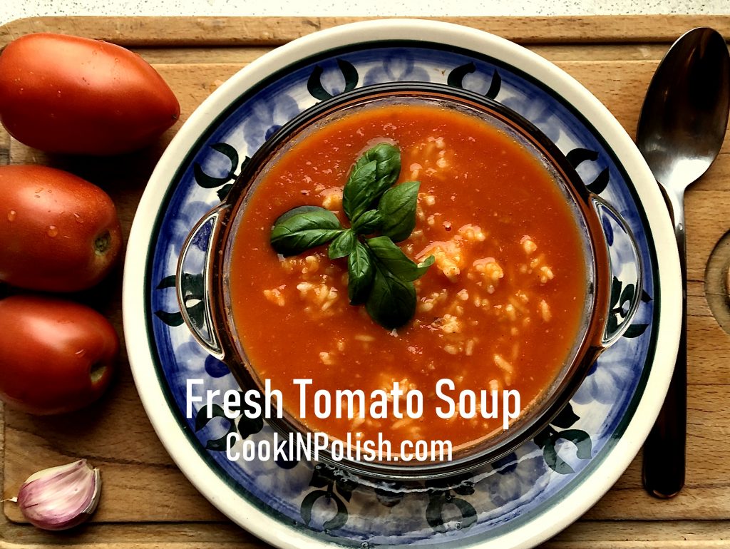Fresh Tomato soup served with rice and basil