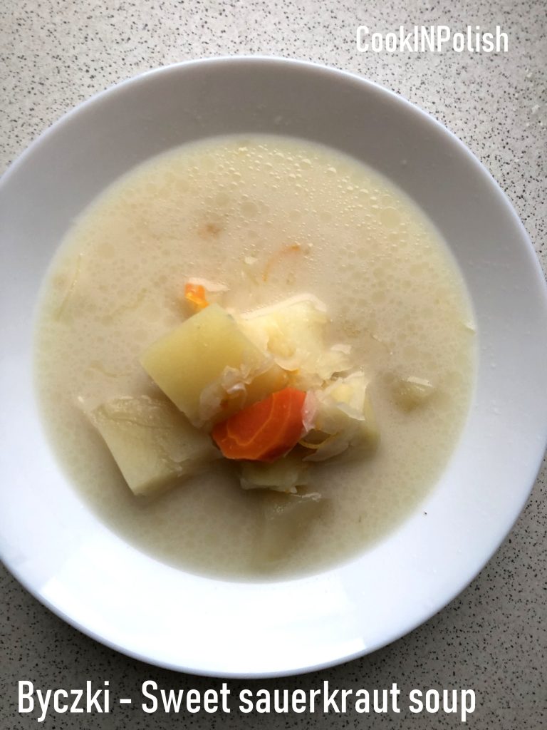 Byczki Sweet Sauerkraut Soup served in a plate.