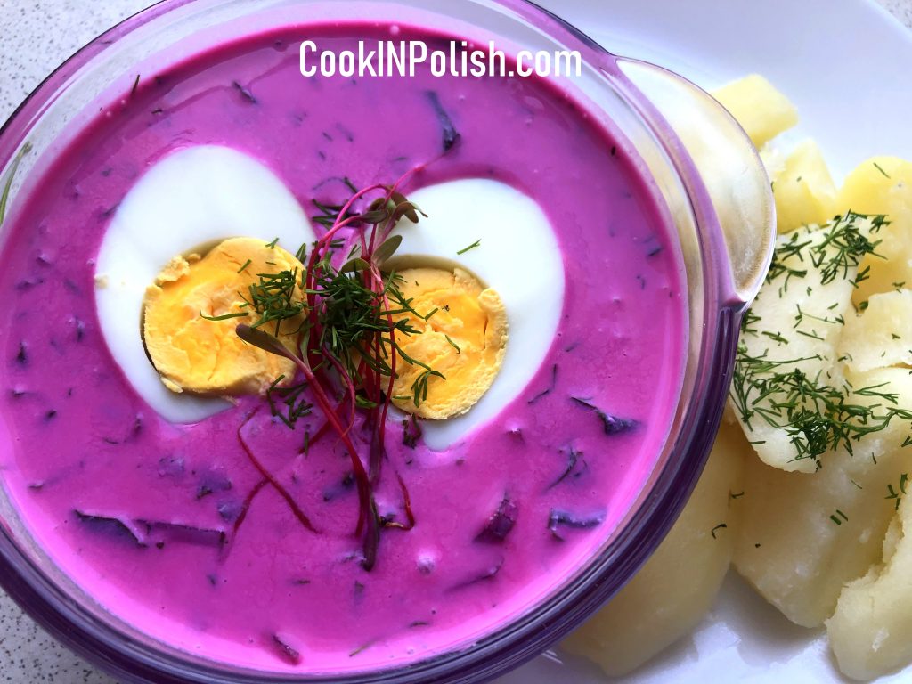 Cold Lithuanian Borsch served in a bowl with hard boiled egg