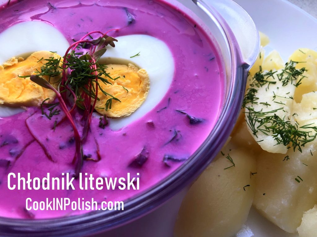 Cold Lithuanian Borsch served in a bowl with hard boiled egg