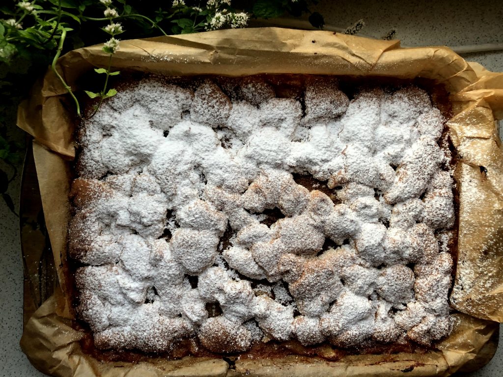 Polish apple pie baked in the baking dish.