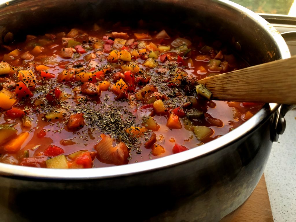 Polish leczo in a big pot with seasonings