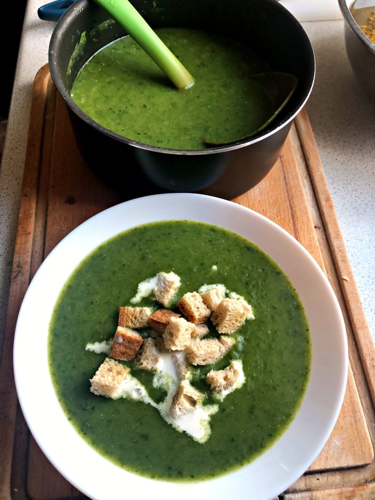 Bear's garlic Creamy Soup served on a plate with toasts