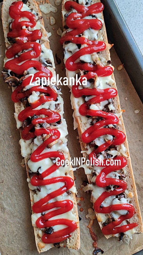 Zapiekanka roasted baguette on the baking tray