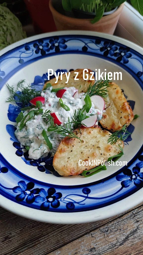 Pyry z Gzikiem served on a plate.
